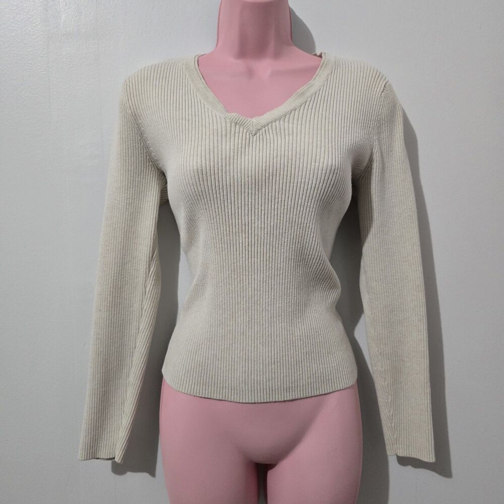 Jeanne Pierre - Sweater - Size M - Ribbed V-Neck Knit Pullover Cotton - Ivory